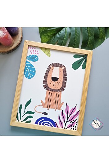 NN DECOR Maymun,Tukan,Aslan ve Zürafa 3'lü Set - Doğal Ahşap Çerçeveli, Bebek Ve Çocuk Odası Tablo Seti