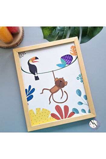 NN DECOR Maymun,Tukan,Aslan ve Zürafa 3'lü Set - Doğal Ahşap Çerçeveli, Bebek Ve Çocuk Odası Tablo Seti