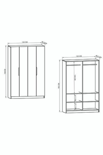 VM VERTEX MOBİLYA Monza 4 Kapılı Beyaz Gardırop Dolap 120 Cm Vm30, 180 Cm