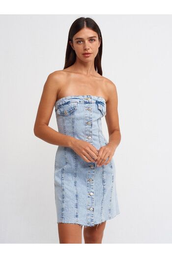Dilvin 90524 Rochie din denim evazat fără cusături-albastru