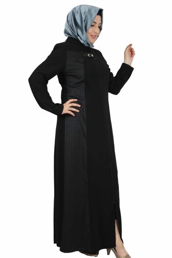 Bluence Women's Black Side Plaid Detail Zippered Top Coat