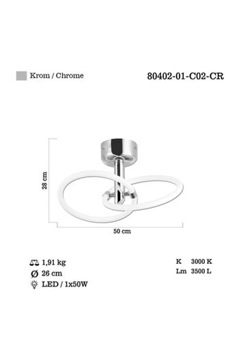 LUCEA Sedna 2 Li Ledli Krom Plafonyer 50w 3000k 80402-c02-cr