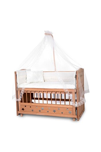 Bamgidoo Ahşap Beşik Anne Yanı Beşik Organik (BOYASIZ) 60x120 - Krem Güpür Uyku Seti Yatak