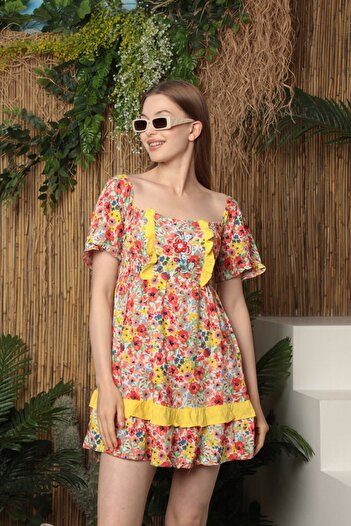vuvutasarım Floral Print Viscose Square Neck Short Sleeve Women's Mini Dress - 24VL2297