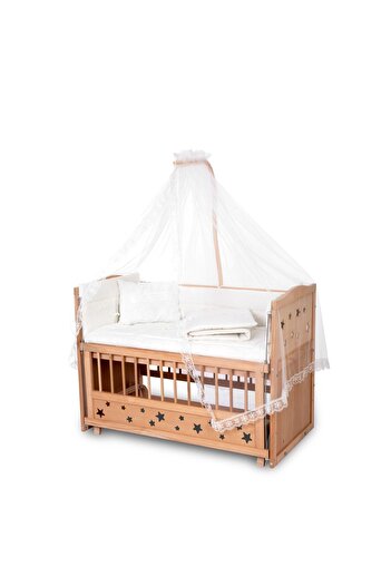 Bamgidoo Ahşap Beşik Anne Yanı Beşik Organik (BOYASIZ) 60x120 - Krem Güpür Uyku Seti Yatak
