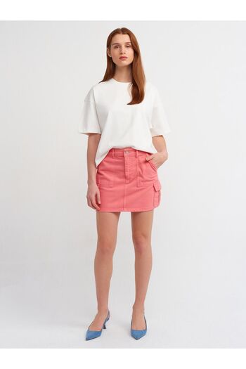 Dilvin 80546 Cotton Denim Cargo Skirt-Pink