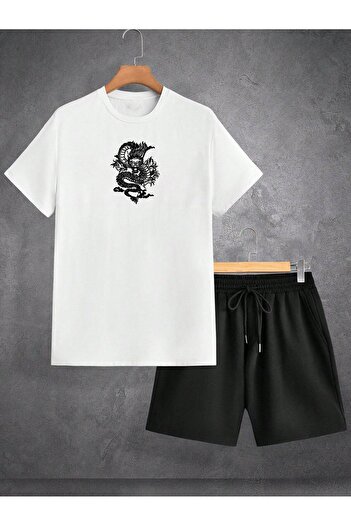 modaberry Dragon T-Shirt Шорти - Біло-чорні шорти з футболкою, комплект з принтом, велосипедний комір