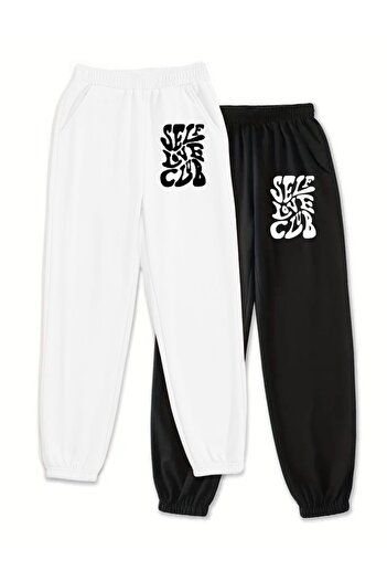 Trendglow 2 Πακέτα Φούτερ Self Love Jogger - Λευκό με μαύρο στάμπα, λαστιχένιο πόδι, ψηλόμεσο καλοκαιρινό