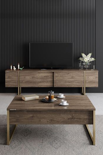 Modatte Luxe Gold Demir Ayaklı Ceviz Tv Sehpası Tv Ünitesi