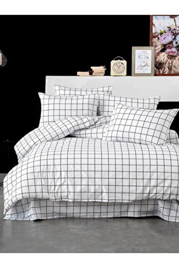 SUVAY Black and White Checked Cotton Double Duvet Cover Set (BED SHEET PILLOW CASE QUILT COVER)