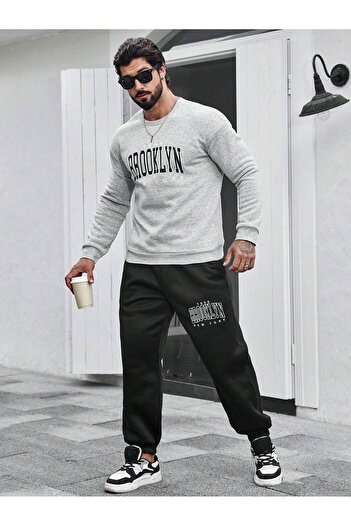 modaberry Σετ φόρμας Brooklyn Combination Bottom Top - Γκρι Μαύρο εμπριμέ Oversize Λαστιχένιο πόδι Crew Neck
