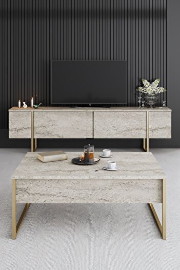 Modatte LUXE TV ÜNİTESİ DEMİR AYAKLI MERMER GOLD
