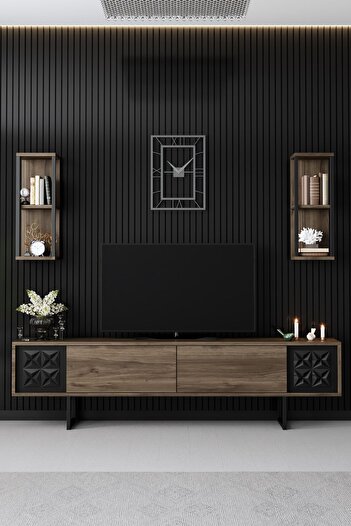 Modatte Black Line Demir Ayaklı Ceviz Tv Ünitesi Tv Sehpası