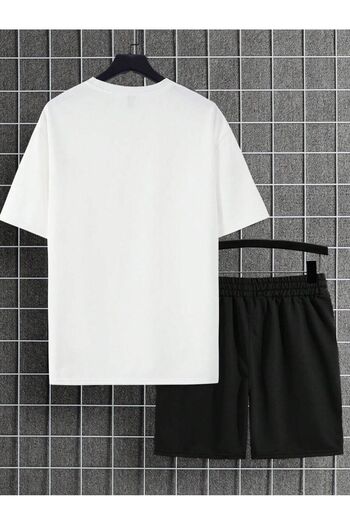 modaberry Line Boston T-Shirt Shorts - White with Black Shorts T-Shirt Top and Bottom Set Printed Crew Neck