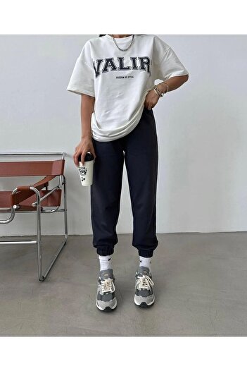 Trendglow Valiri T-shirt Sweatpants Jogger - Λευκό Μαύρο Σετ Φούτερ με στάμπα Oversize Crew Neck
