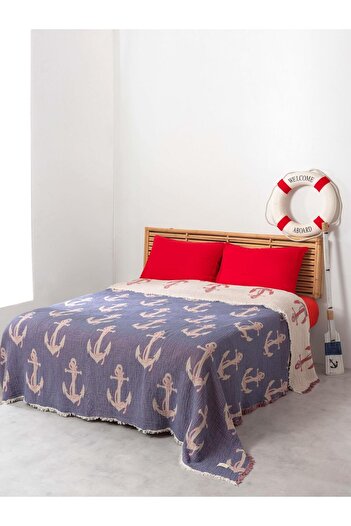 MYLASA HOME Mylasahome Muslin Bedspread - 4 Layer Anchor Pattern, Jacquard, Double, 220X240Cm