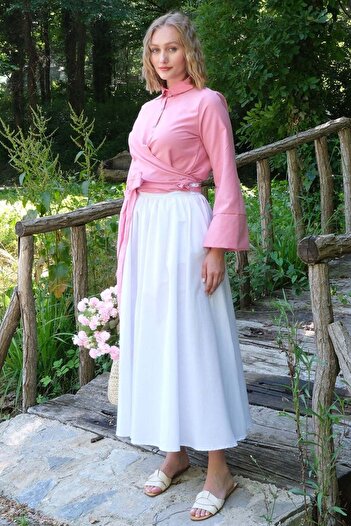 Ceylan Otantik Pink Shirt and White Balloon Skirt Set