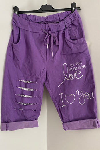 AYASOFYA OTANTIK Purple Laser Cut Women's Slim Bermuda Shorts - Italian, Rubber Waist, Lycra and Text Printed