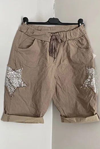 AYASOFYA OTANTIK Women's Italian Mink Star Sequin Sequin Patched Lycra Bermuda Shorts