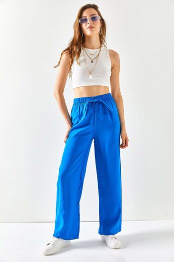Olalook Women's Saks Blue Belted Elastic Waist Palazzo Ayrobin Trousers PNT-19000200