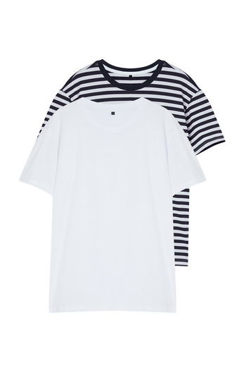 Trendyol Collection WhiTe and Navy Blue STriped - ShorT Sleeve Regular FiT T-Shirt Set of 2 - TMNSS24TS00193