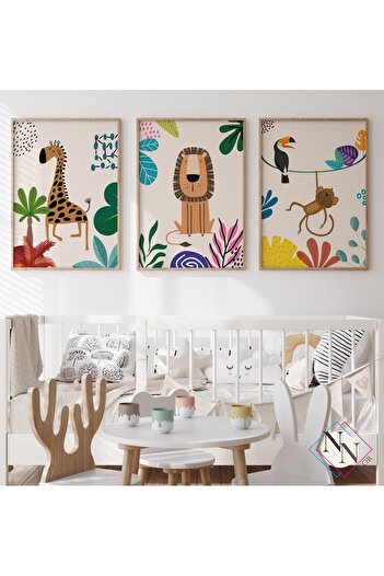 NN DECOR Maymun,Tukan,Aslan ve Zürafa 3'lü Set - Doğal Ahşap Çerçeveli, Bebek Ve Çocuk Odası Tablo Seti