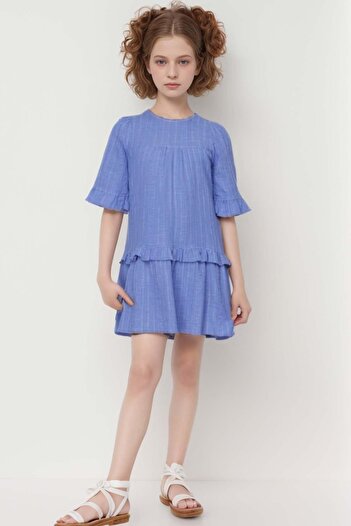 Riccotarz Blue Ruffle Dress - Girl, Elastic Sleeve