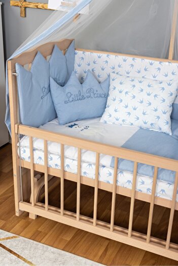 Bamgidoo Ahşap Beşik Anne Yanı Beşik Organik (BOYASIZ) 60x120 - Mavi Prens (ERKEK) Uyku Seti Yatak