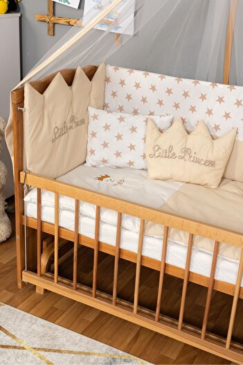 Bamgidoo Ahşap Beşik Anne Yanı Beşik Doğal (VERNİKLİ) 60x120 - Krem Prenses (KIZ) Uyku Seti Yatak