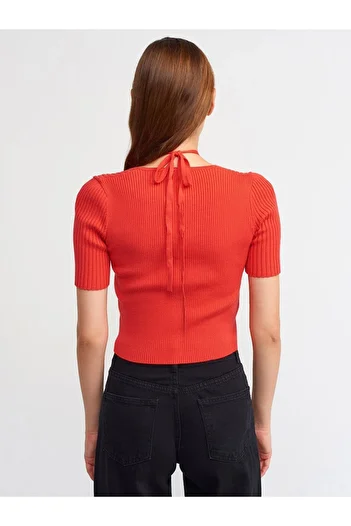 Dilvin 10293 Short Sleeve Sweater with Ring on the Front - red