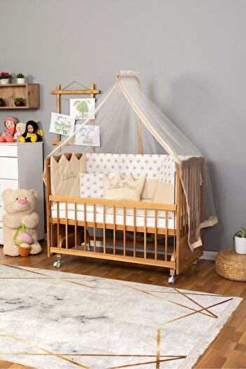 Bamgidoo Ahşap Beşik Anne Yanı Beşik Doğal (VERNİKLİ) 60x120 Krem Prens Uyku Seti Yatak Tekerlekli