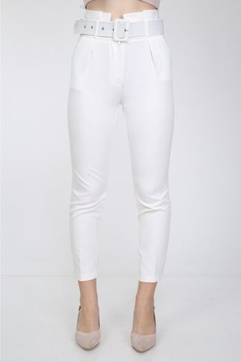Bluence White Belted Skinny Leg Fabric Trousers