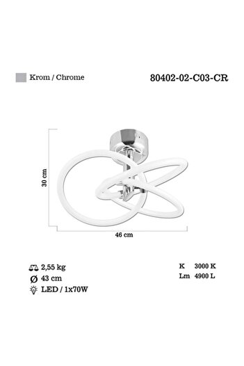 LUCEA Sedna 3 Lü Ledli Krom Plafonyer 70w 3000k