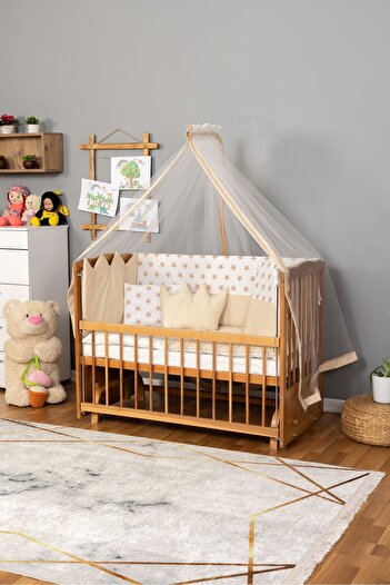 Bamgidoo Ahşap Beşik Anne Yanı Beşik (Vernikli) 60x120 - Krem Nakış(Yazısız) Uyku Seti + Yatak