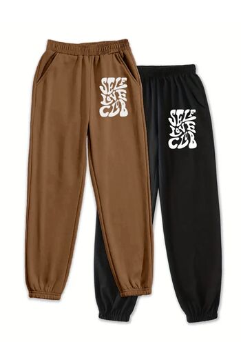 Trendglow 2 Πακέτα Φούτερ Self Love Jogger - Καφέ με μαύρο στάμπα, λαστιχένιο πόδι, ψηλόμεσο καλοκαίρι