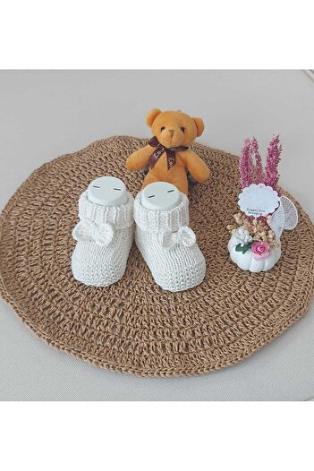 BEGİN 0-6 Months Baby Hand Knitted - Cream Newborn Slippers Booties, Bow Birth Memory