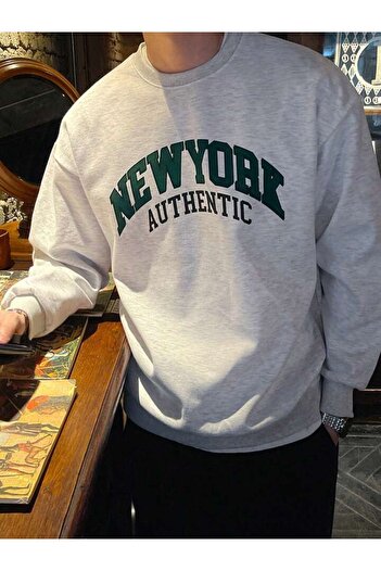 modaberry Newyork Authentic Світшот - Сірий з принтом Oversize Товстий велосипедний комір