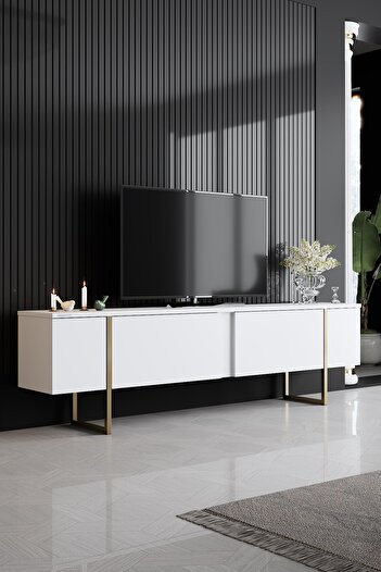 Modatte Luxe Gold Demir Ayaklı Beyaz Tv Sehpası Tv Ünitesi Tymd252