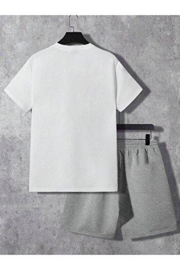 modaberry Brooklyn Shorts T-Shirt - White Gray Printed Top and Bottom Set Crew Neck