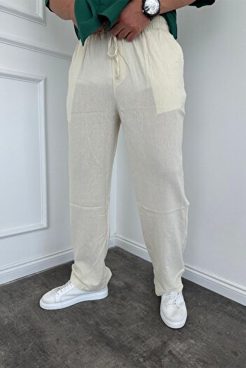 MADZEYMODA Men's Ecru Crinkle Fabric - Baggy Loose Fit and Elastic Waist Trousers