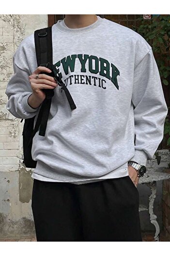 modaberry Newyork Authentic Світшот - Сірий з принтом Oversize Товстий велосипедний комір