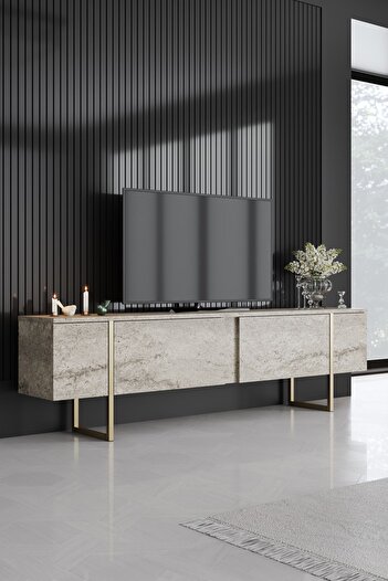 Modatte LUXE TV ÜNİTESİ DEMİR AYAKLI MERMER GOLD