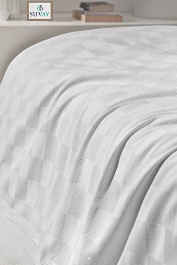 SUVAY Checkerboard Patterned Single Pique Bedspread Checkerboard Pattern White Cotton Bedspread