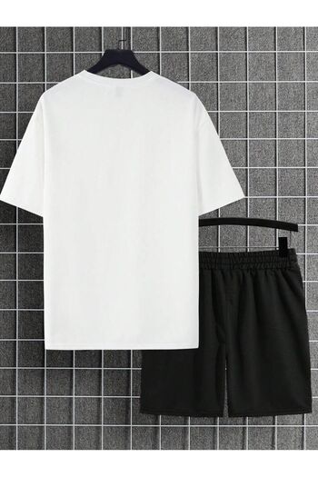 modaberry Los Angeles T-Shirt Shorts - White with Black Shorts T-Shirt Top Bottom Set Printed Crew Neck