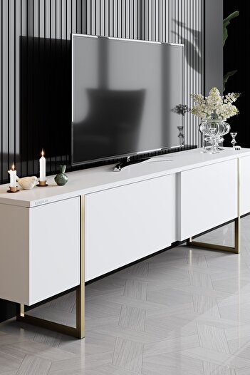 Modatte Luxe Gold Demir Ayaklı Beyaz Tv Sehpası Tv Ünitesi Tymd252