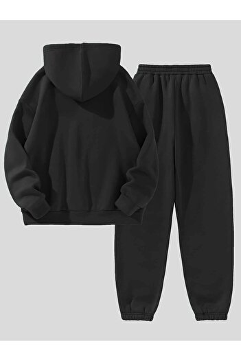 modaberry New York Cheerful Combination Bottom Top Σετ αθλητικής φόρμας - Μαύρη στάμπα Oversize Λαστιχένια κουκούλα
