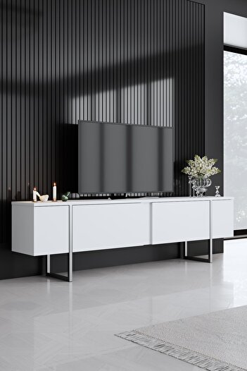 Modatte Luxe Gümüş Demir Ayaklı Beyaz Tv Sehpası Tv Ünitesi
