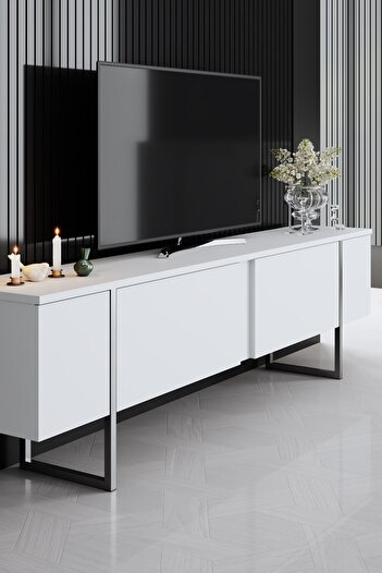 Modatte Luxe Gümüş Demir Ayaklı Beyaz Tv Sehpası Tv Ünitesi