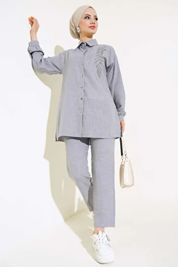 VOLT CLOTHİNG Stone Embroidered Linen Women's Set - With Trousers