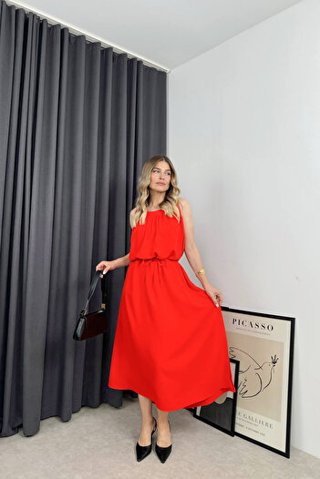 Sue Store Crew Neck Red Slit Zero Sleeve Dress